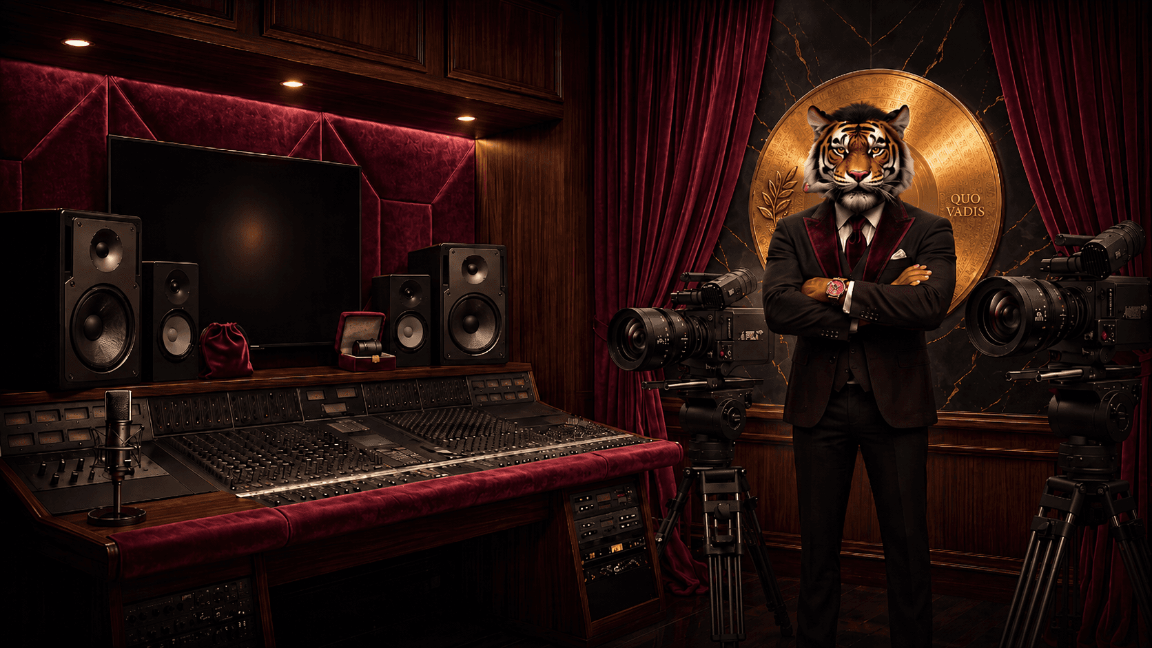 Décor Black Tigre Productions avec velours, caméras cinéma, console musicale, disque d’or Quo Vadis et tigre en costume